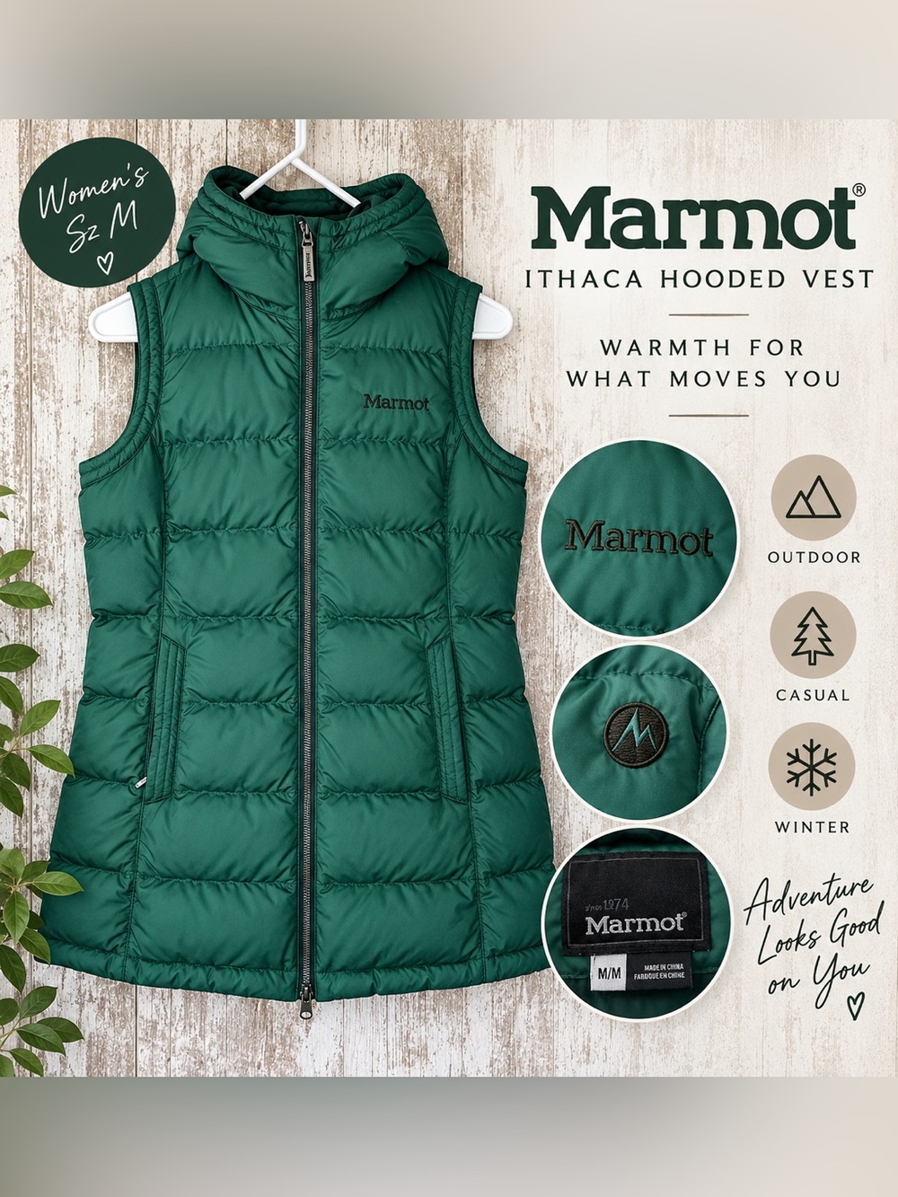 Marmot Ithaca Hooded Down Puffer Vest Green Full Zip Women’s Sz M/M